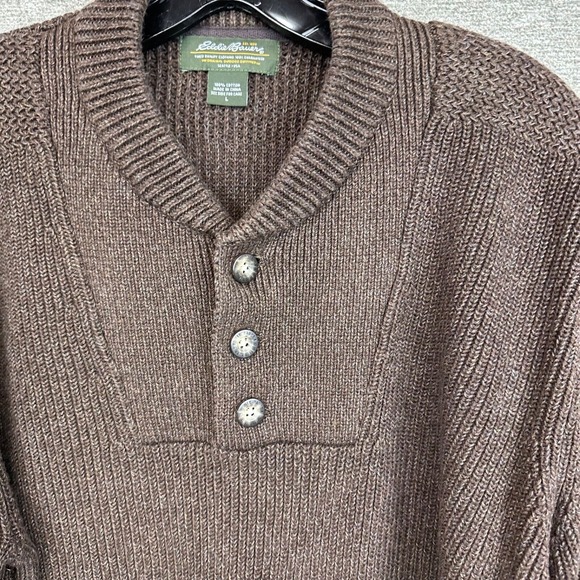 Eddie Bauer Y2K Henley Sweater Brown Chunky Fisherman Knit Ribbed Mens Large - Picture 4 of 16